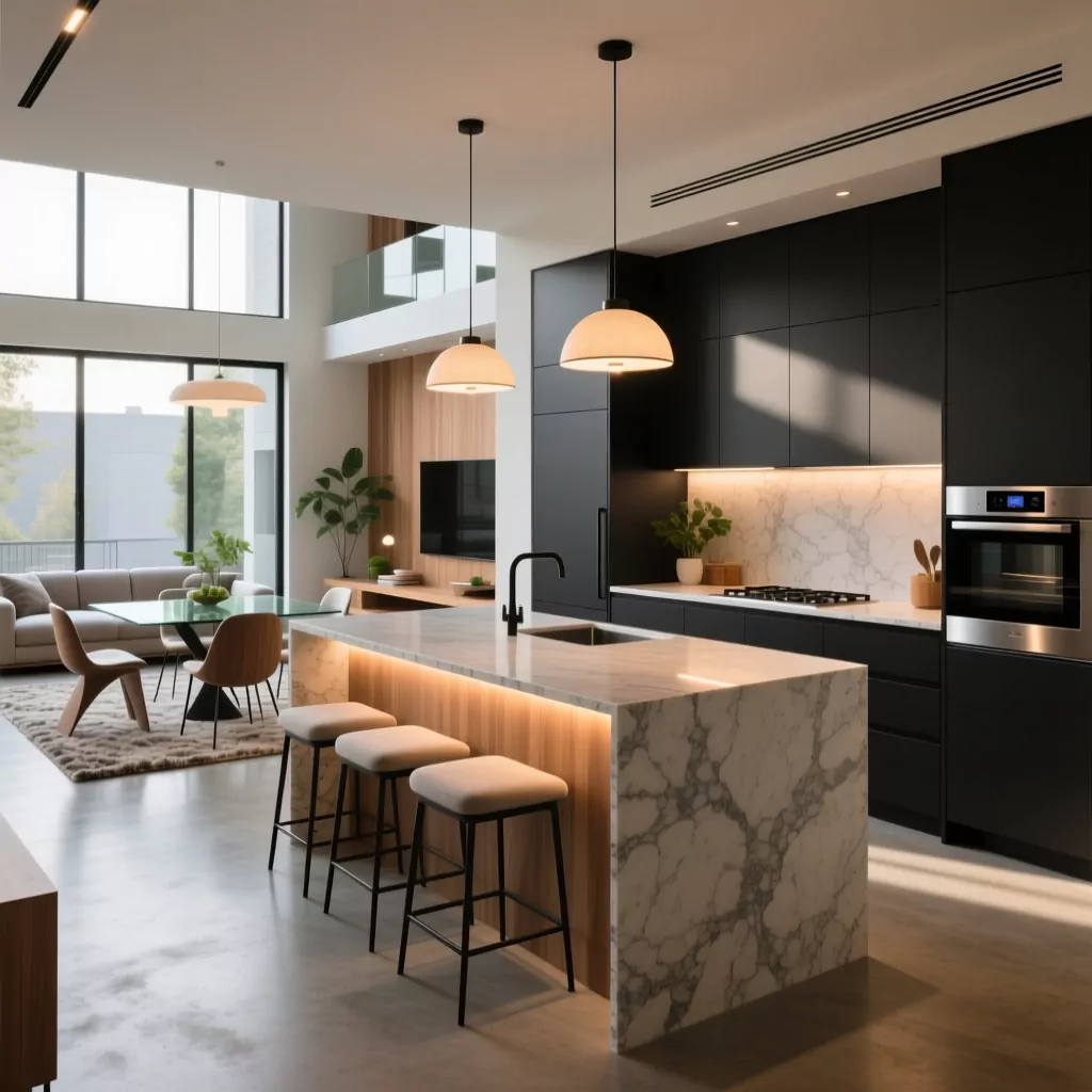 Thi công nội thất bếp mở liên thông phòng khách