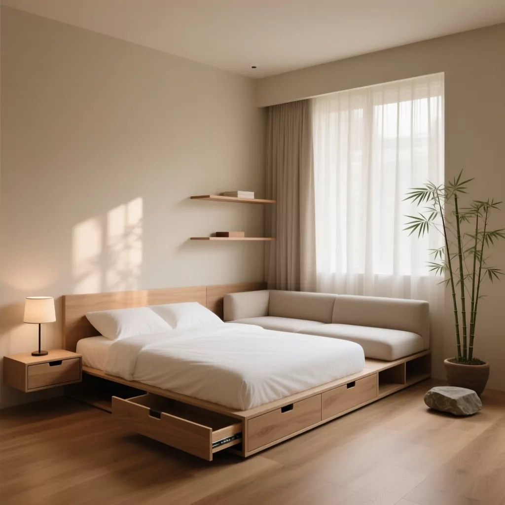 Căn phòng studio với giường đa năng và nội thất tối giản.
