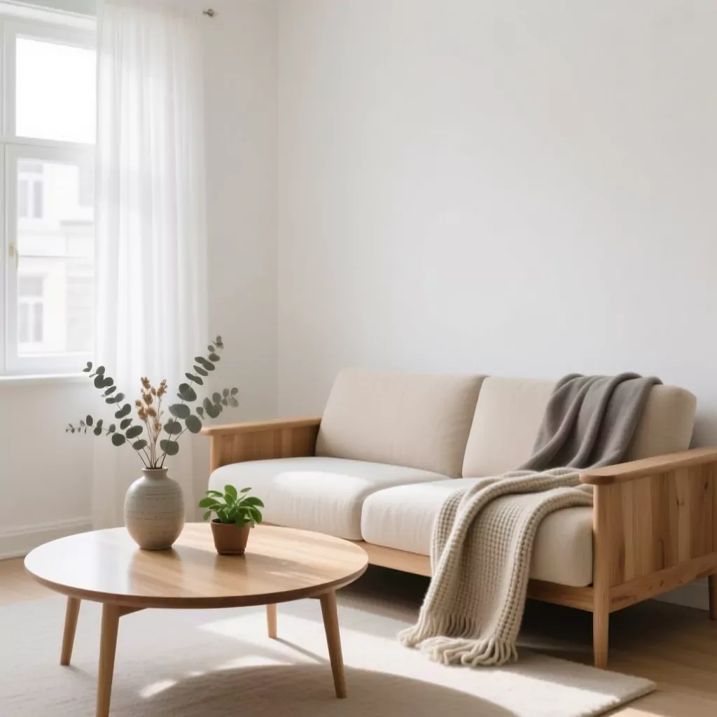 Phòng khách nhỏ gọn với sofa gỗ và bàn tròn.