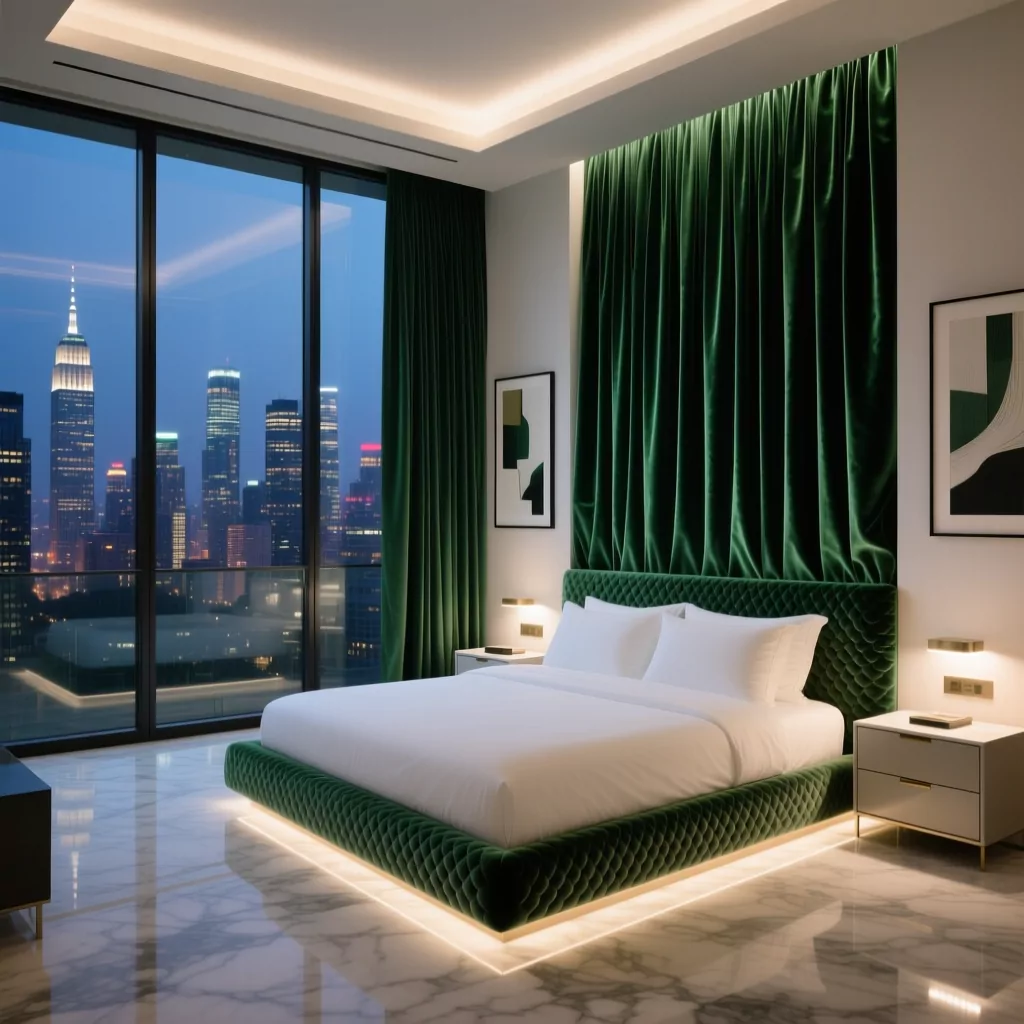 Phòng ngủ hiện đại với rèm xanh và view city.