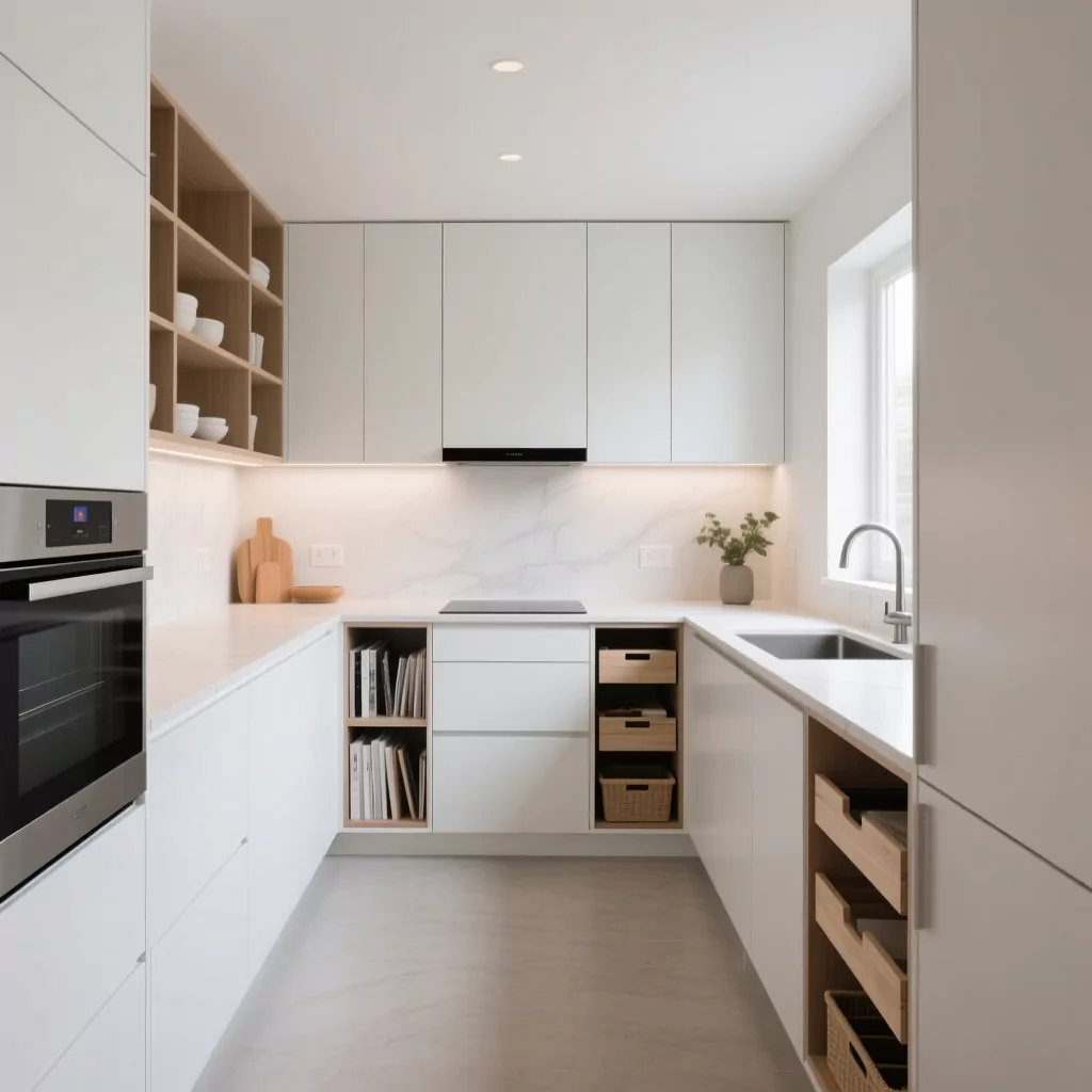 Bếp studio nhỏ gọn, thiết kế thông minh với tủ lưu trữ.