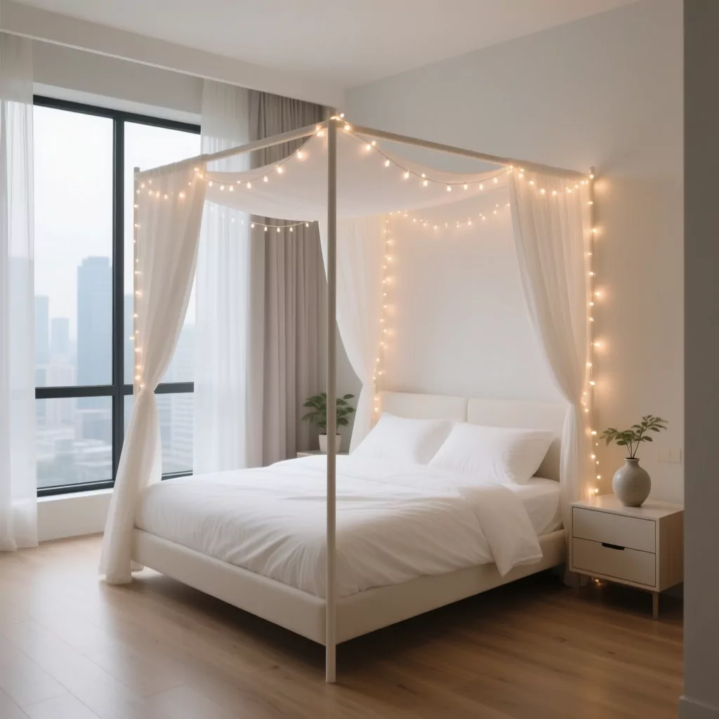 Giường bốn cột đèn LED trong phòng ngủ studio.