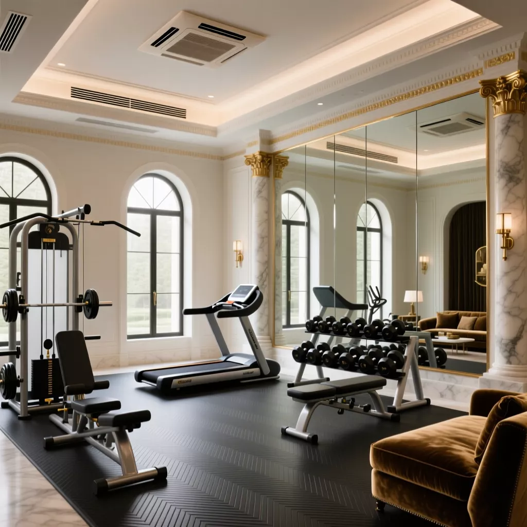 Phòng gym tại gia sang trọng với tông màu gỗ trầm ấm