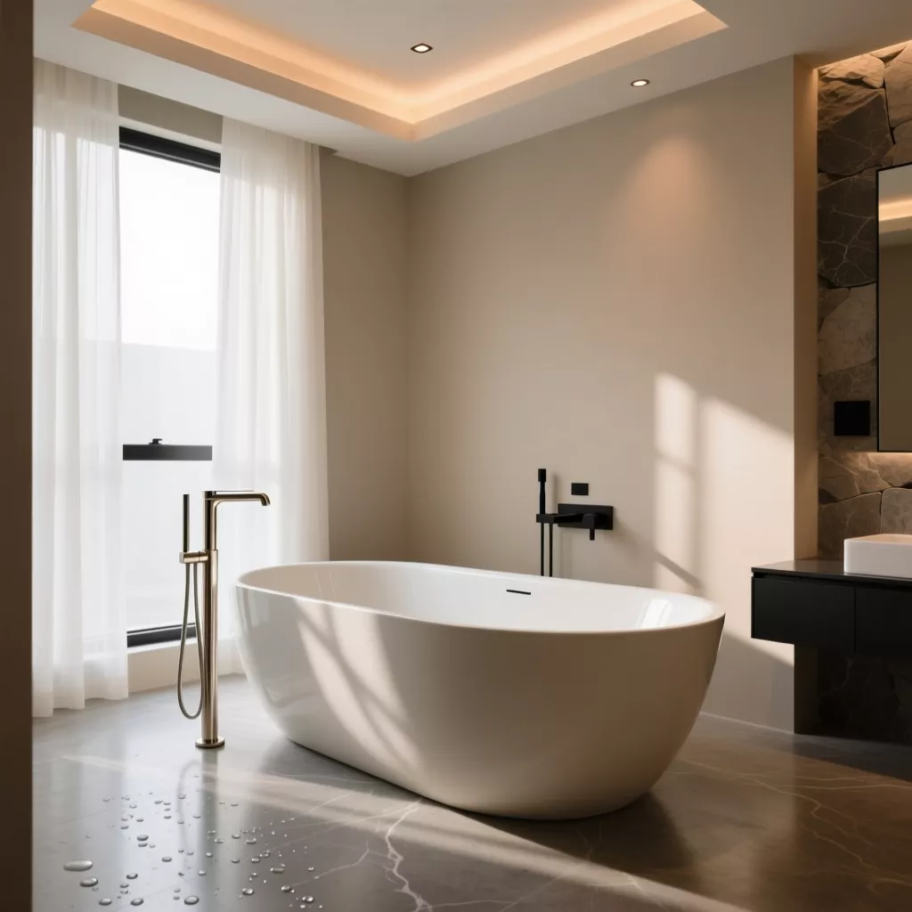 Phòng tắm master hiện đại với bồn tắm nằm và kính trong suốt