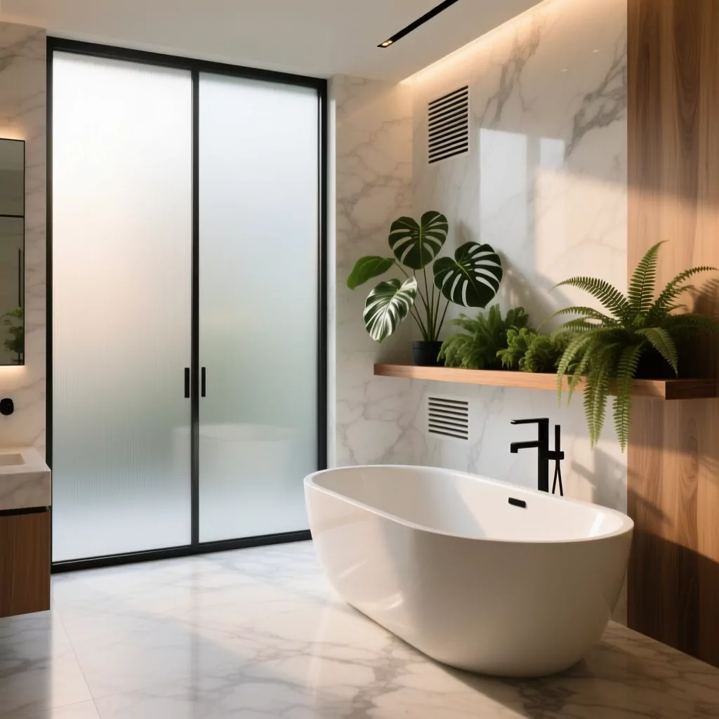 Thiết kế nội thất biệt thự — phòng tắm master với bồn tắm cạnh cửa sổ lớn