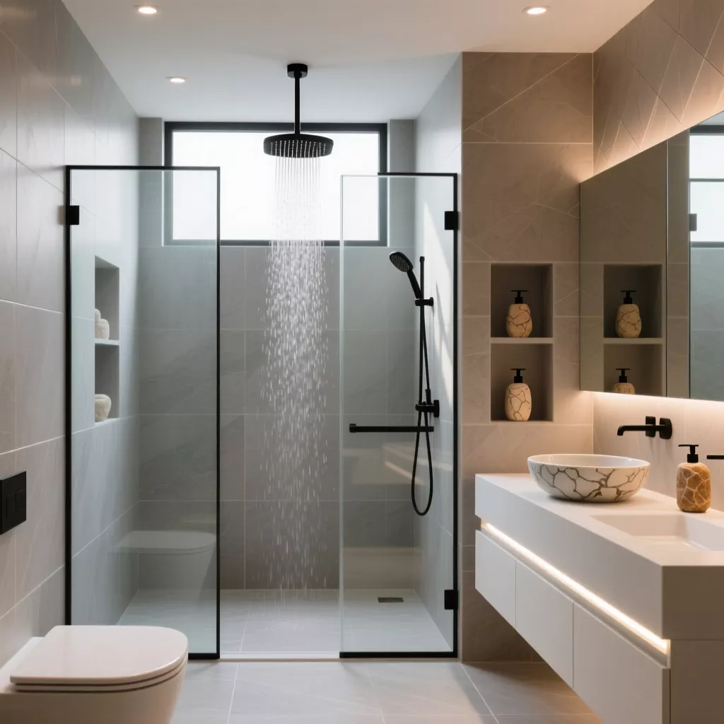 Phòng tắm hiện đại với hệ tủ lavabo lưu trữ thông minh