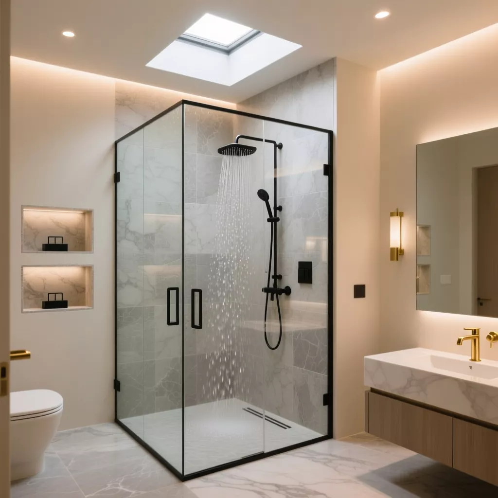 Nội thất biệt thự cao cấp — phòng tắm sang trọng với vách kính và đá marble