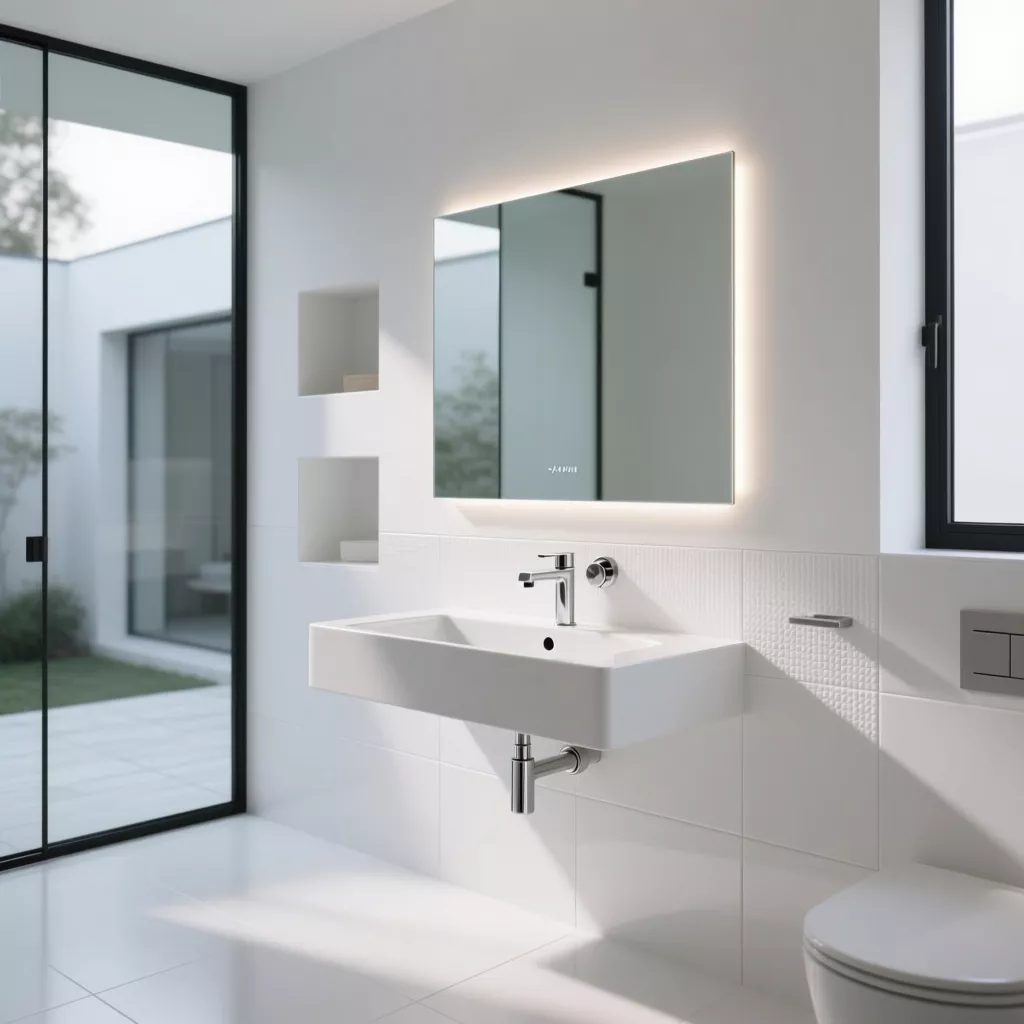 Phòng tắm tối giản với tông màu xám và đường nét gọn gàng