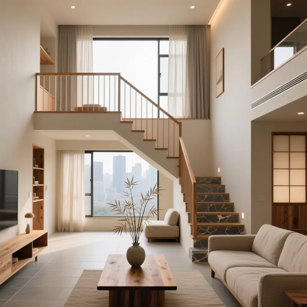 Không gian phòng khách chung cư duplex phong cách Japandi ấm cúng và tinh tế