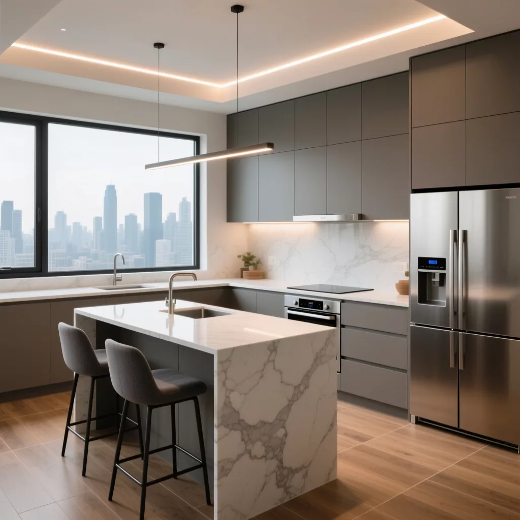 Bếp chữ L hiện đại chất liệu acrylic