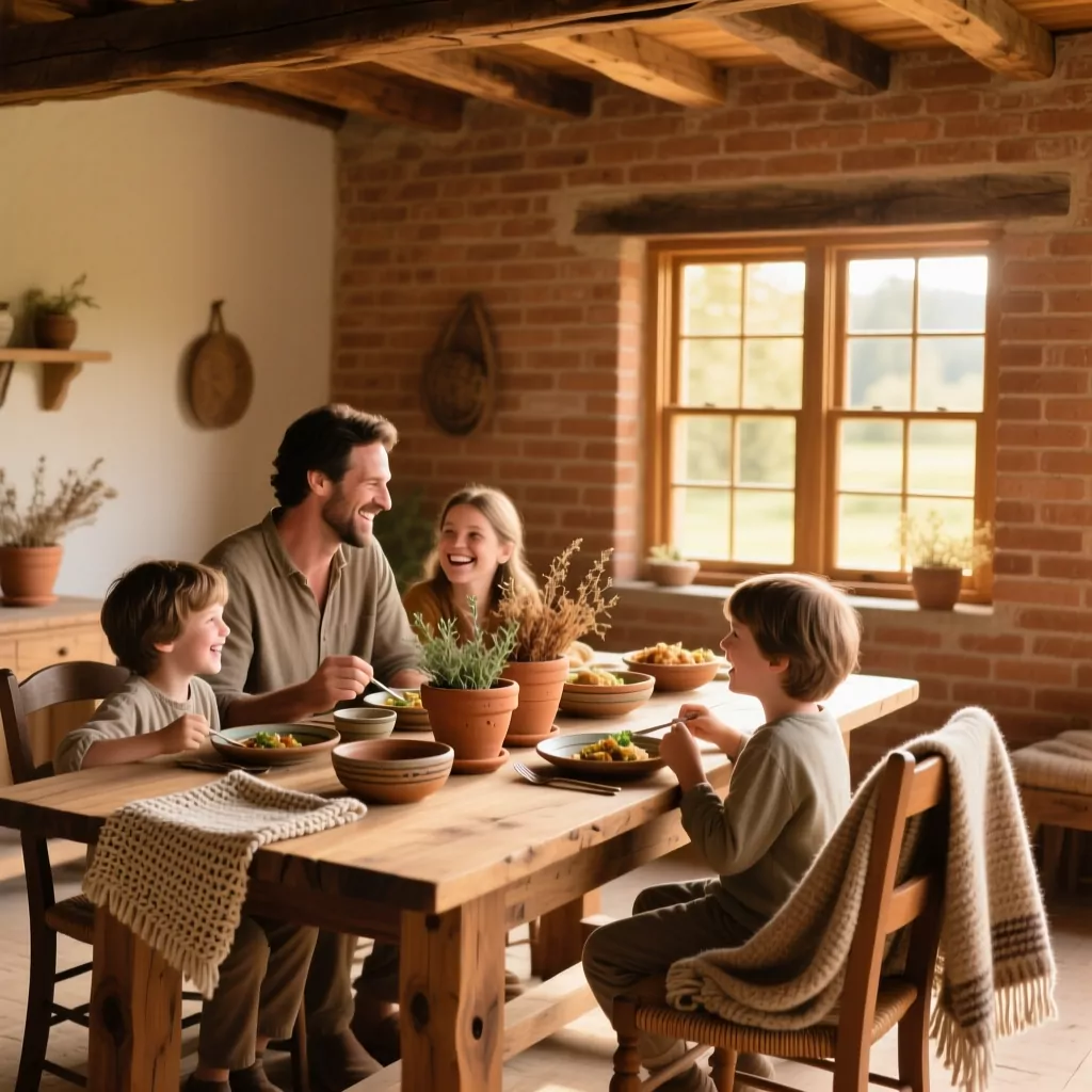 Nhà cấp 4 phong cách Rustic với trần gỗ thô và tường đá tự nhiên