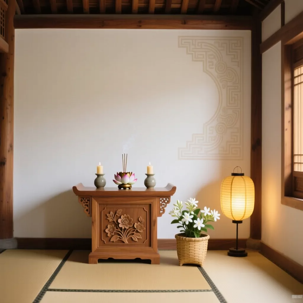 Phòng thờ nhà cấp 4 mang âm hưởng Indochine với bàn thờ gỗ và họa tiết truyền thống