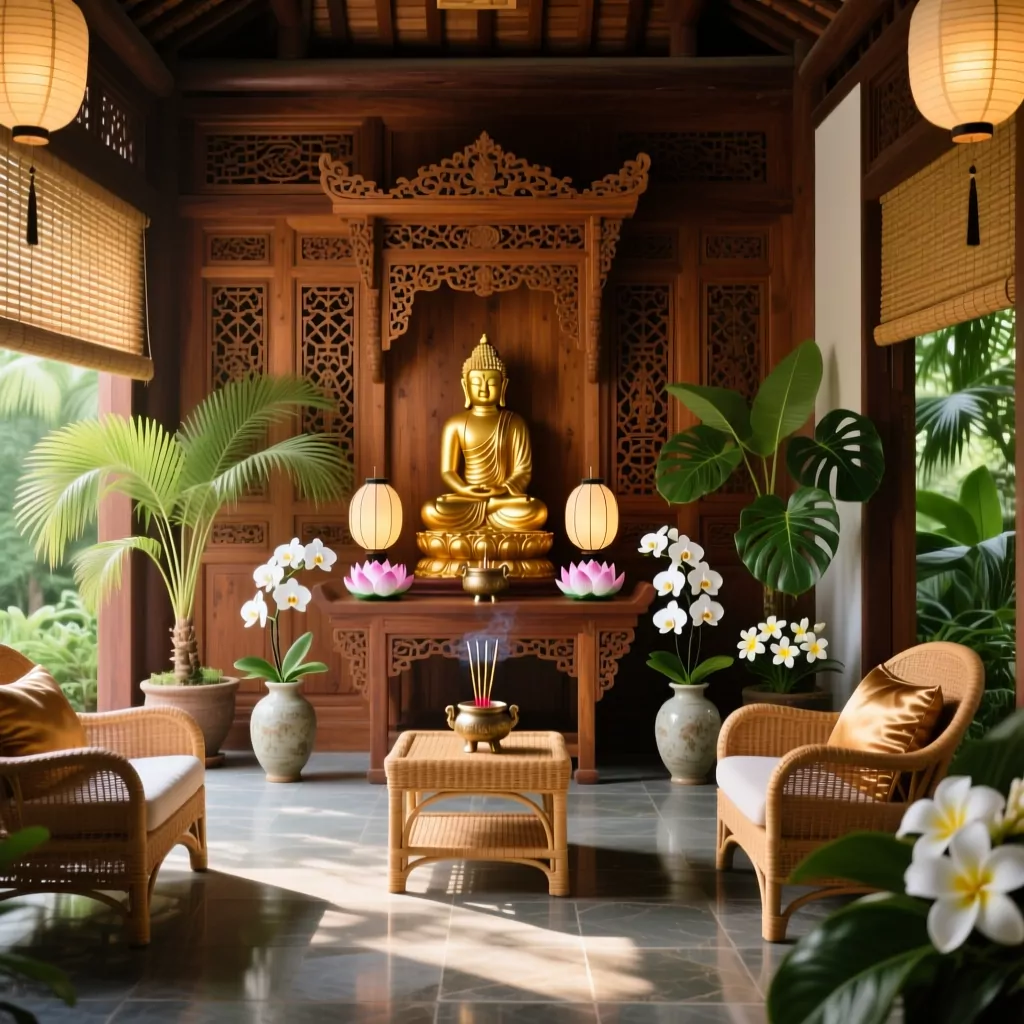 Không gian phòng thờ phong cách tropical ấm cúng trong nhà cấp 4