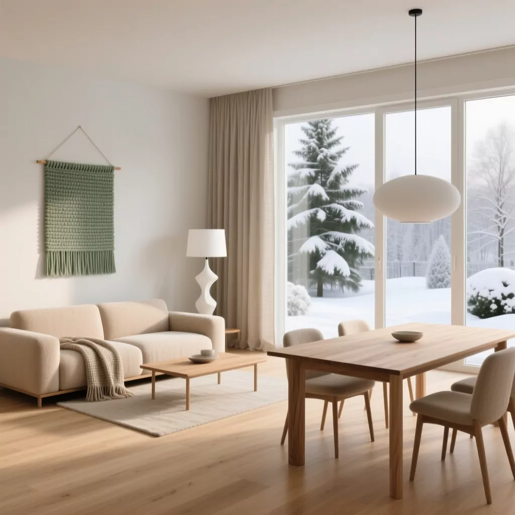 Phòng khách không gian mở phong cách Scandinavian với sofa lớn và cửa kính rộng