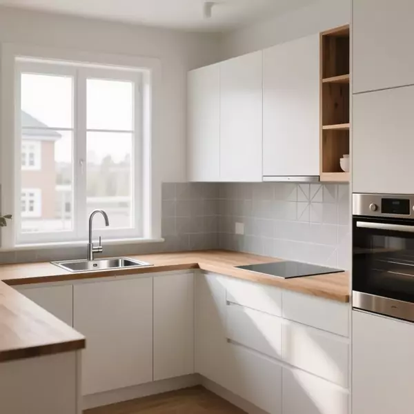 Phòng bếp chữ L phong cách Scandinavian thoáng đãng