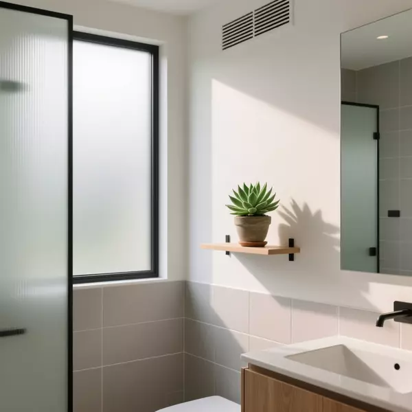 Phòng tắm nhà phố có cửa sổ lấy sáng tự nhiên và vách kính cường lực