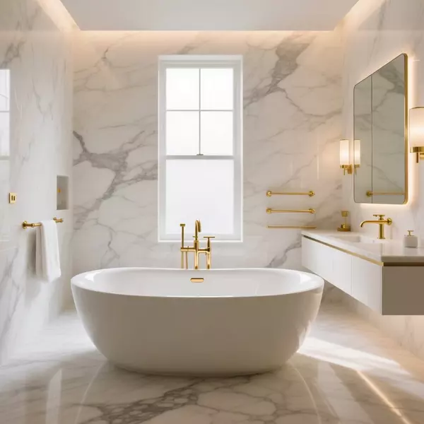 Thiết kế nội thất nhà phố Luxury — phòng tắm đá marble phụ kiện mạ vàng