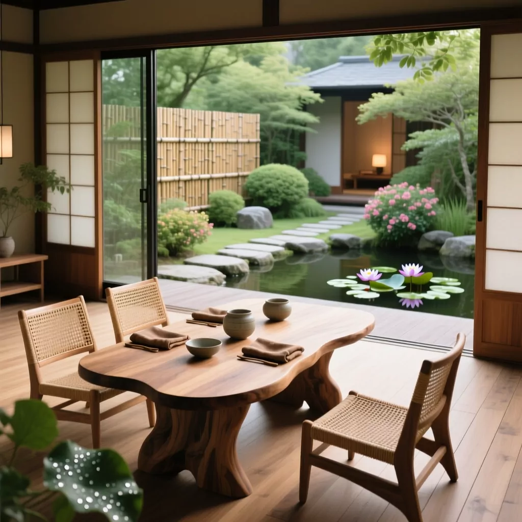 Phòng ăn phong cách Japandi với bàn gỗ dài và ghế mây trong thiết kế nội thất