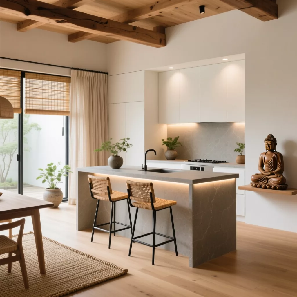 Phòng ăn phong cách Japandi với bàn gỗ sồi tần bì và ghế nan mây tre đan