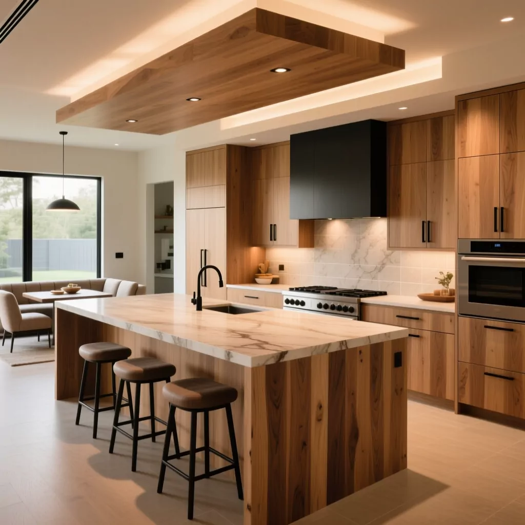 Không gian bếp ấm cúng với hệ tủ gỗ óc chó tự nhiên và đảo bếp kết hợp bàn ăn