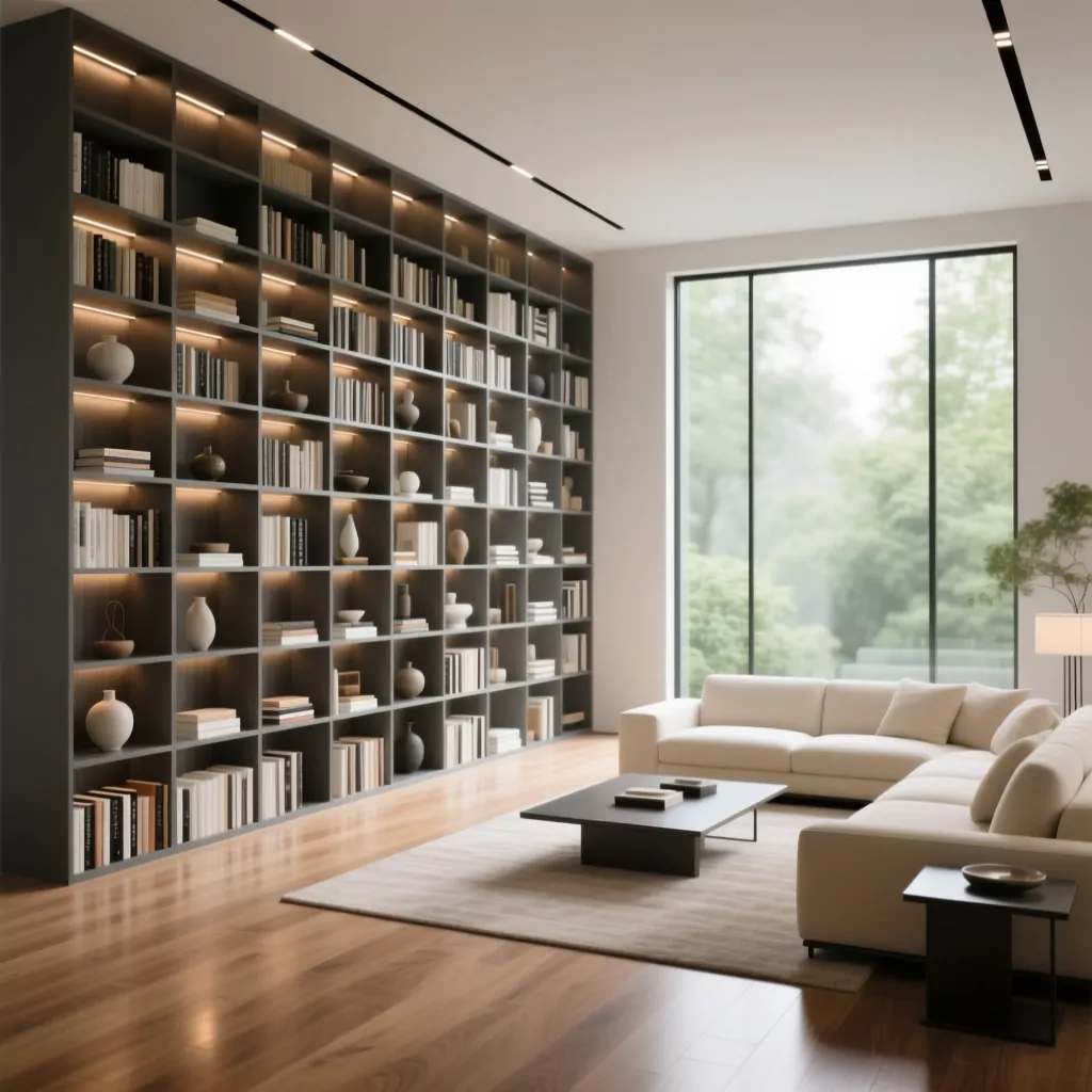 Phòng khách hiện đại với sofa da và bàn trà kính sang trọng