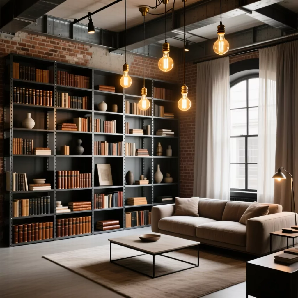 Phòng khách phong cách industrial với tường gạch thô và sofa da nâu cá tính