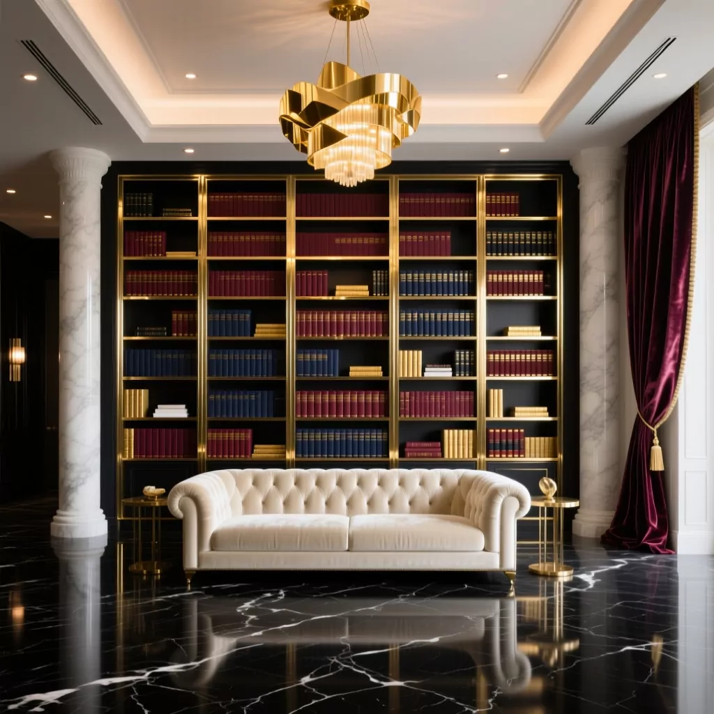 Phòng khách sang trọng với đèn chùm và sofa da trong thiết kế nội thất cao cấp