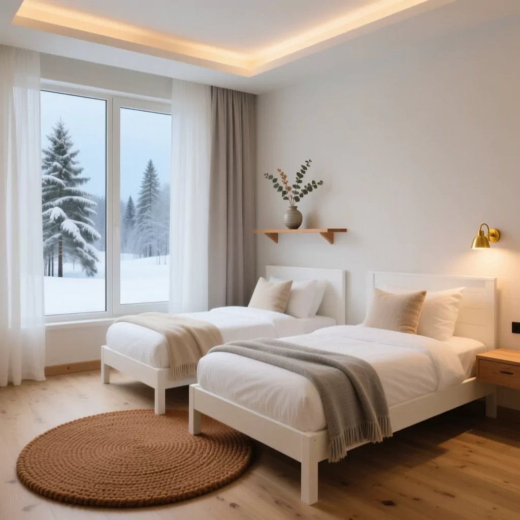 Phòng ngủ phong cách Scandinavian nhẹ nhàng với ga giường trắng và ánh sáng tự nhiên