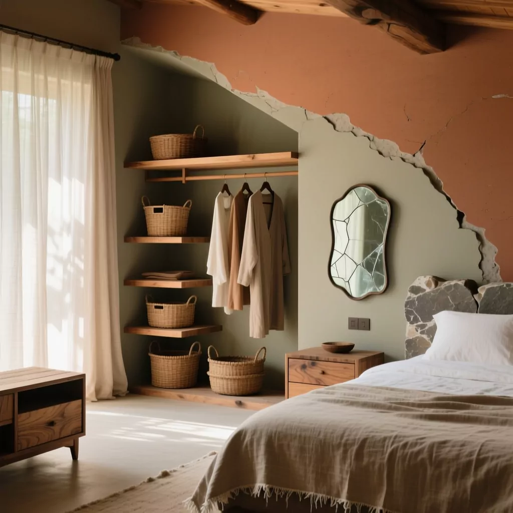 Phòng ngủ phong cách Wabi Sabi với giường bệt gỗ mộc mạc và tường hiệu ứng bê tông