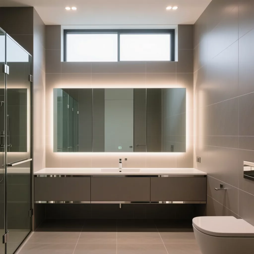 Phòng tắm hiện đại với bồn tắm nằm freestanding và vách kính ngăn khu vực tắm đứng