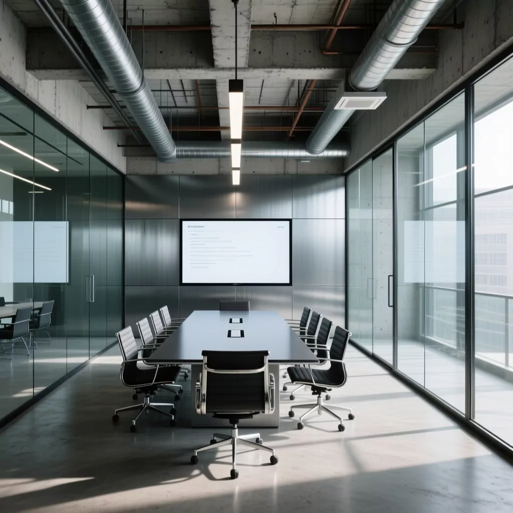 Studio sáng tạo phong cách Industrial với trần bê tông và ống gió lộ