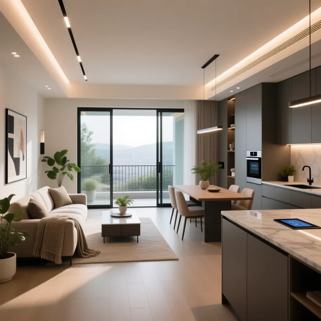 Trang trí nội thất chung cư hiện đại với sofa trắng và gỗ tự nhiên.