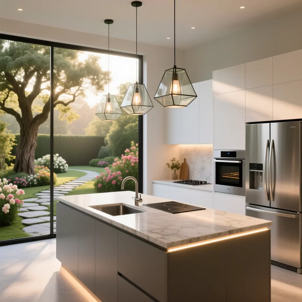 Bếp hiện đại view vườn xanh mát, đèn thả độc đáo.