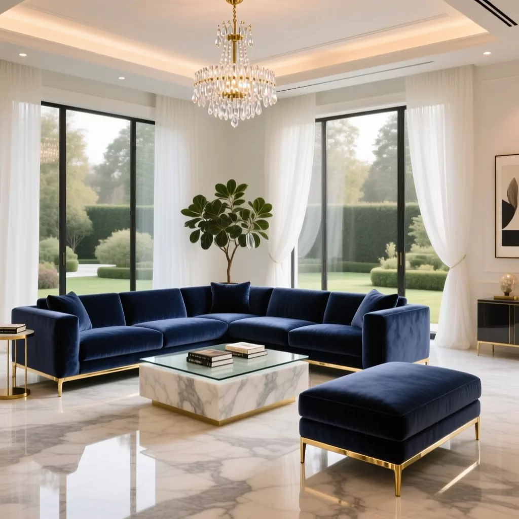 Phòng khách sang trọng với sofa xanh navy và đèn chùm pha lê.