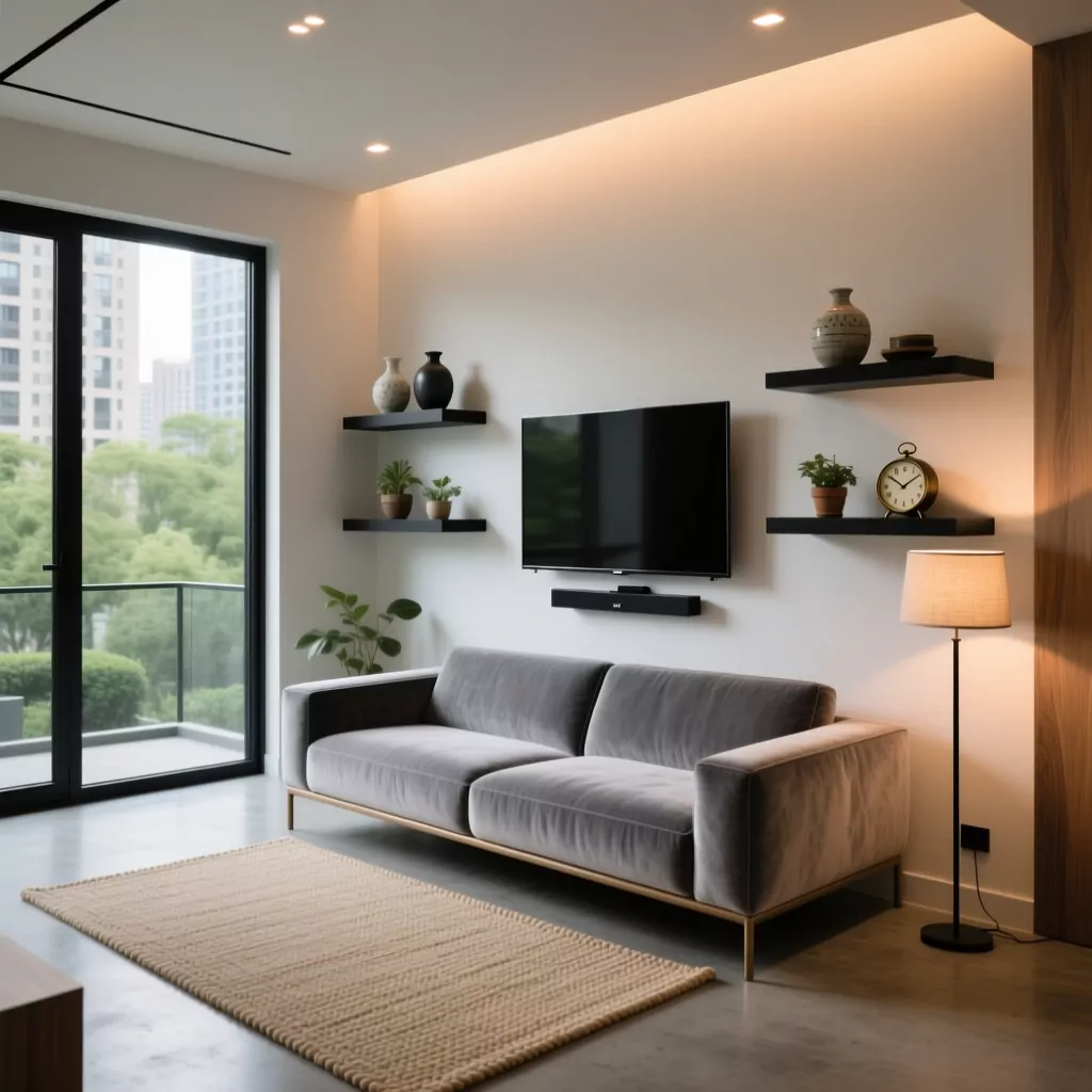 Trang trí nội thất chung cư: sofa xám, kệ đen, thảm dệt tự nhiên.