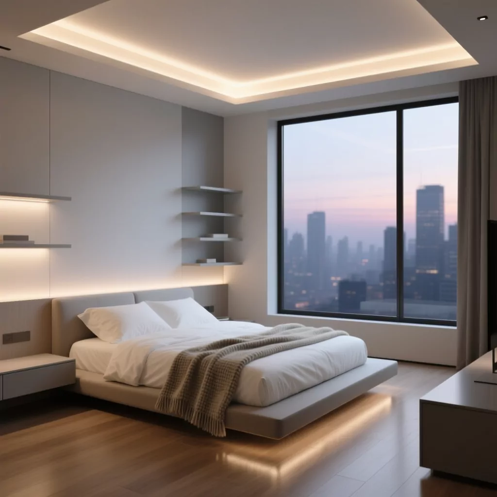 Trang trí nội thất chung cư: phòng ngủ hiện đại với ánh sáng ấm áp.