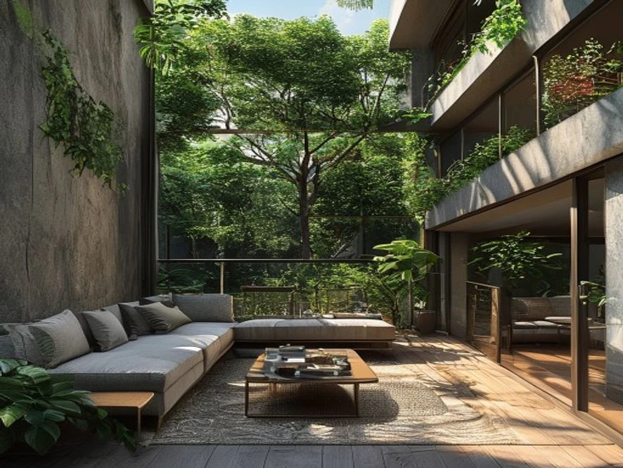 Ban công kết nối phòng khách 15m2 với cây xanh