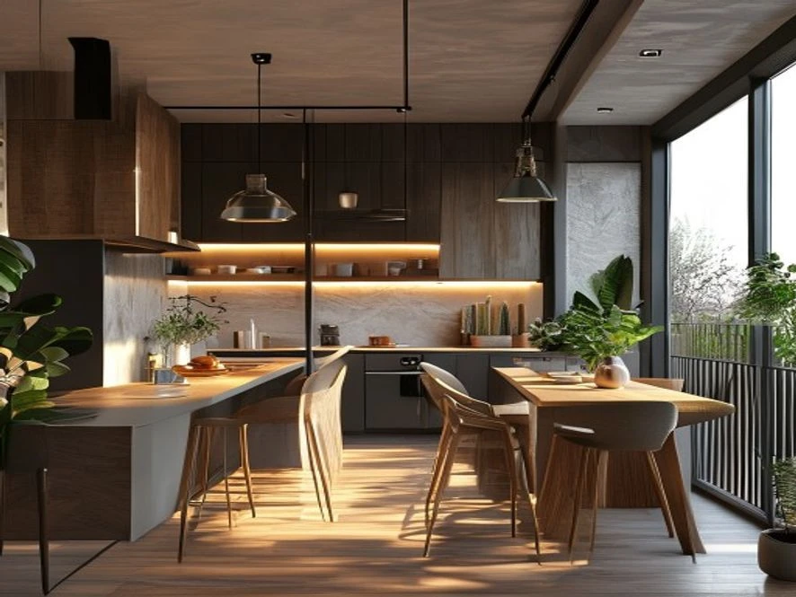 Ban công kết nối trong mẫu nội thất phòng bếp 12m2 đẹp