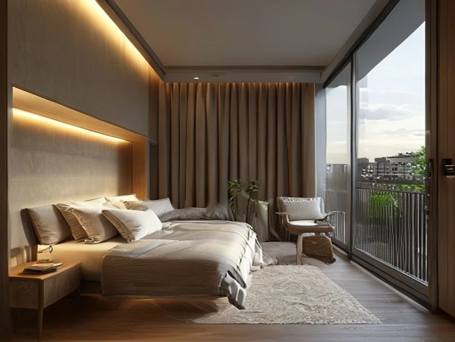 Ban công siêu nhỏ trong thiết kế nội thất phòng ngủ 16m2