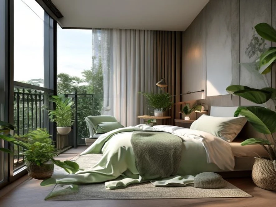 Ban công thư giãn xanh mát trong thiết kế nội thất phòng ngủ 30m2