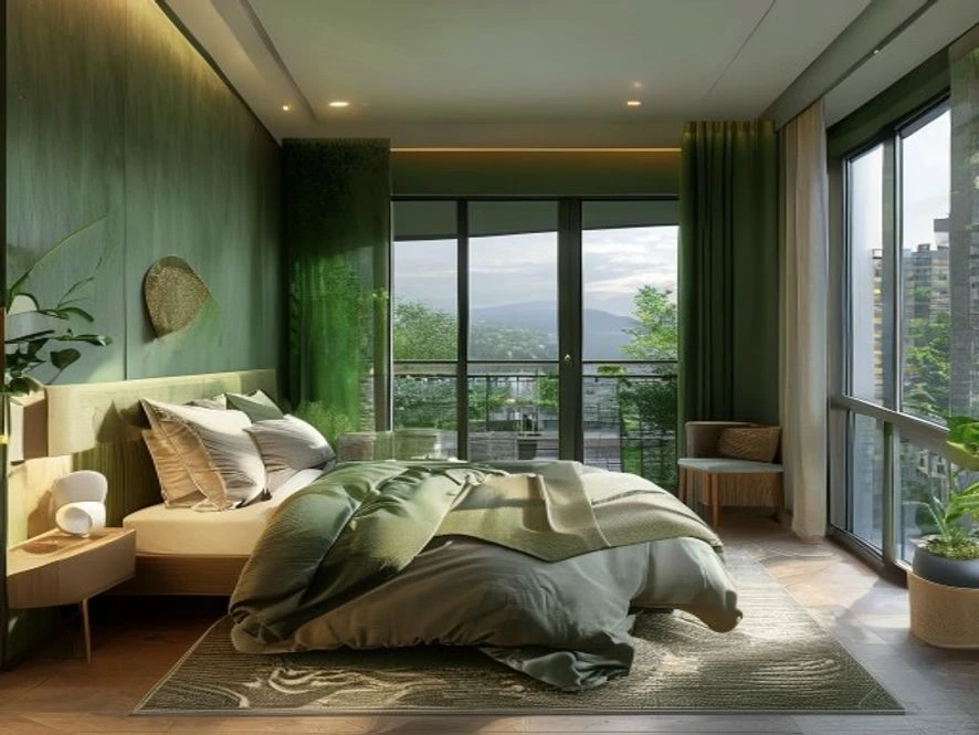 Ban công xanh tiếp cận ánh sáng tự nhiên trong mẫu nội thất phòng ngủ 15m2 đẹp