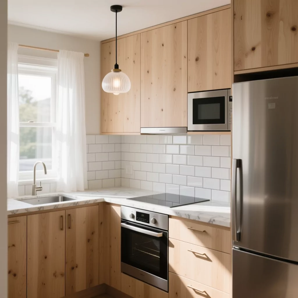 Bàn đảo bếp phong cách Scandinavian với khoảng cách di chuyển hợp lý