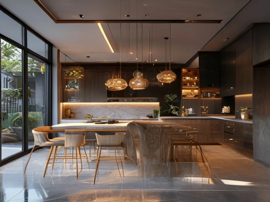 Bếp 15m2 liên thông phòng khách hiện đại