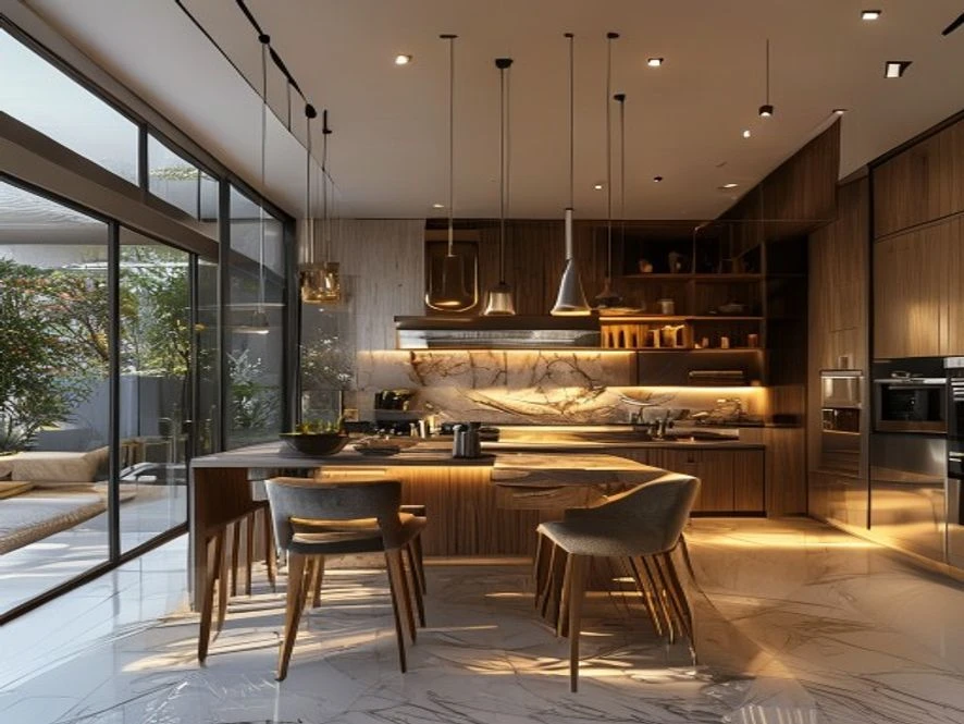 Bếp liên thông phòng khách trong mẫu nội thất phòng bếp 12m2 đẹp