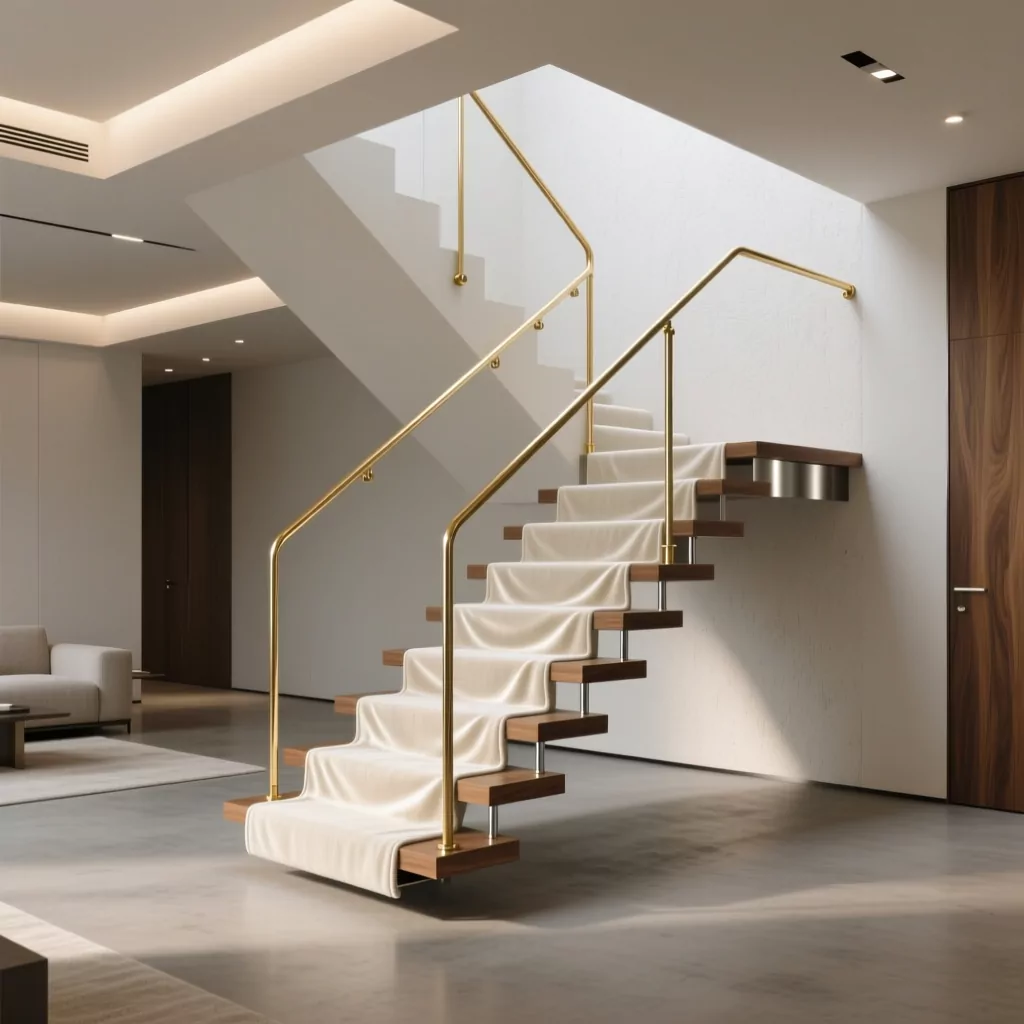 Cầu thang phòng khách đẹp lan can kính cường lực tối giản