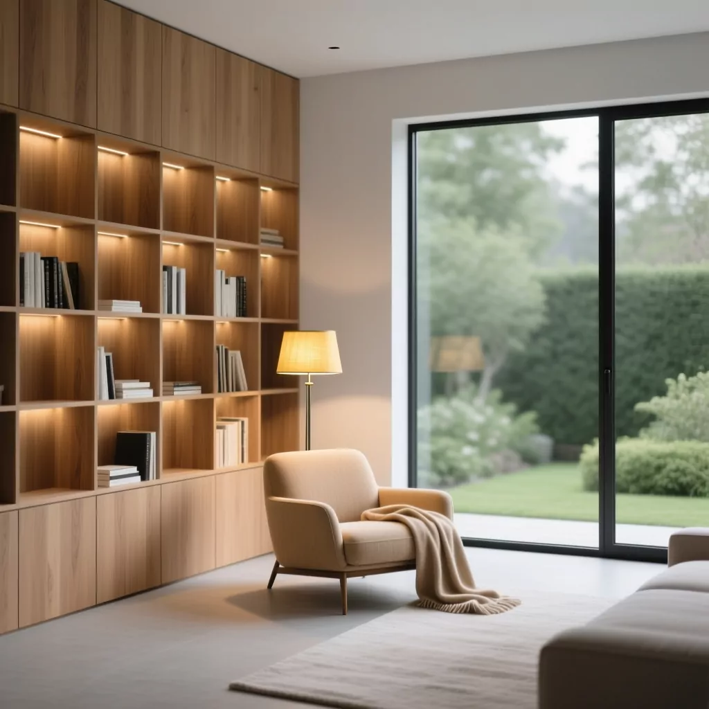 Kết hợp kệ sách và cầu thang phòng khách đẹp tối giản