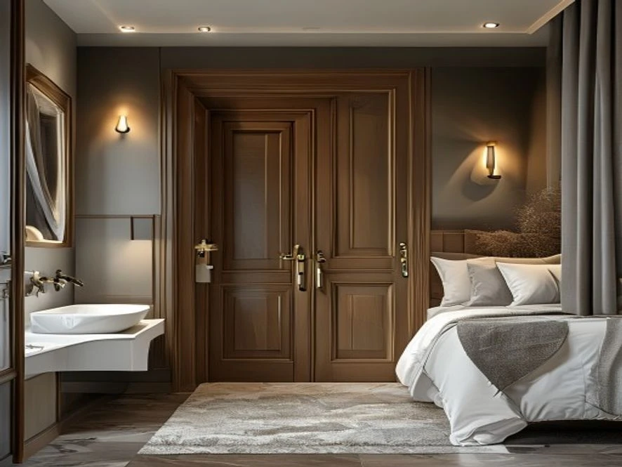 Cửa thông phòng tắm trong thiết kế nội thất phòng ngủ 12m2