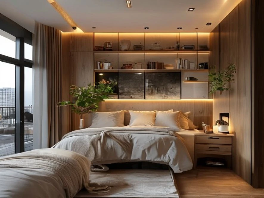 Góc bếp mini tích hợp trong mẫu nội thất phòng ngủ 20m2 đẹp