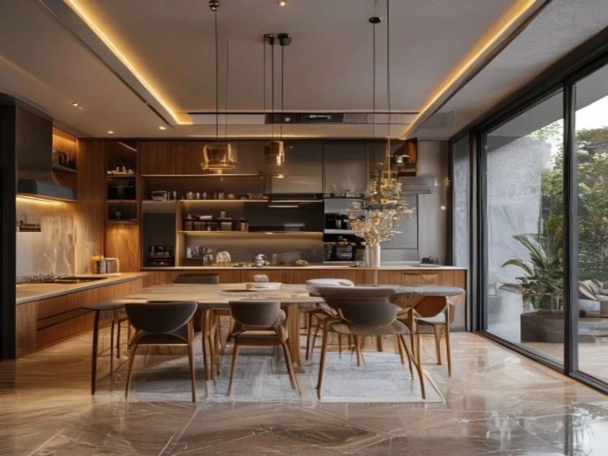 không gian bếp kết hợp cho mẫu nội thất phòng khách 20m2 đẹp
