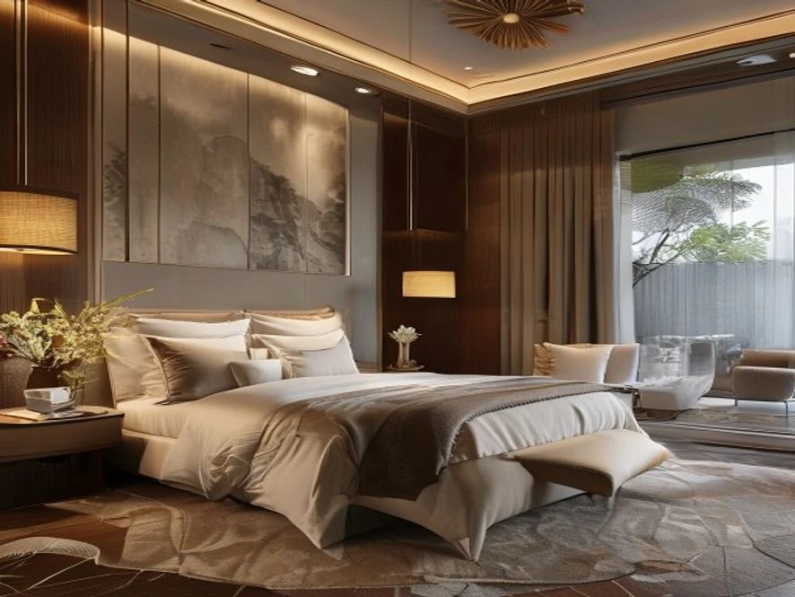 Không gian Indochine trong mẫu nội thất phòng ngủ 25m2 đẹp